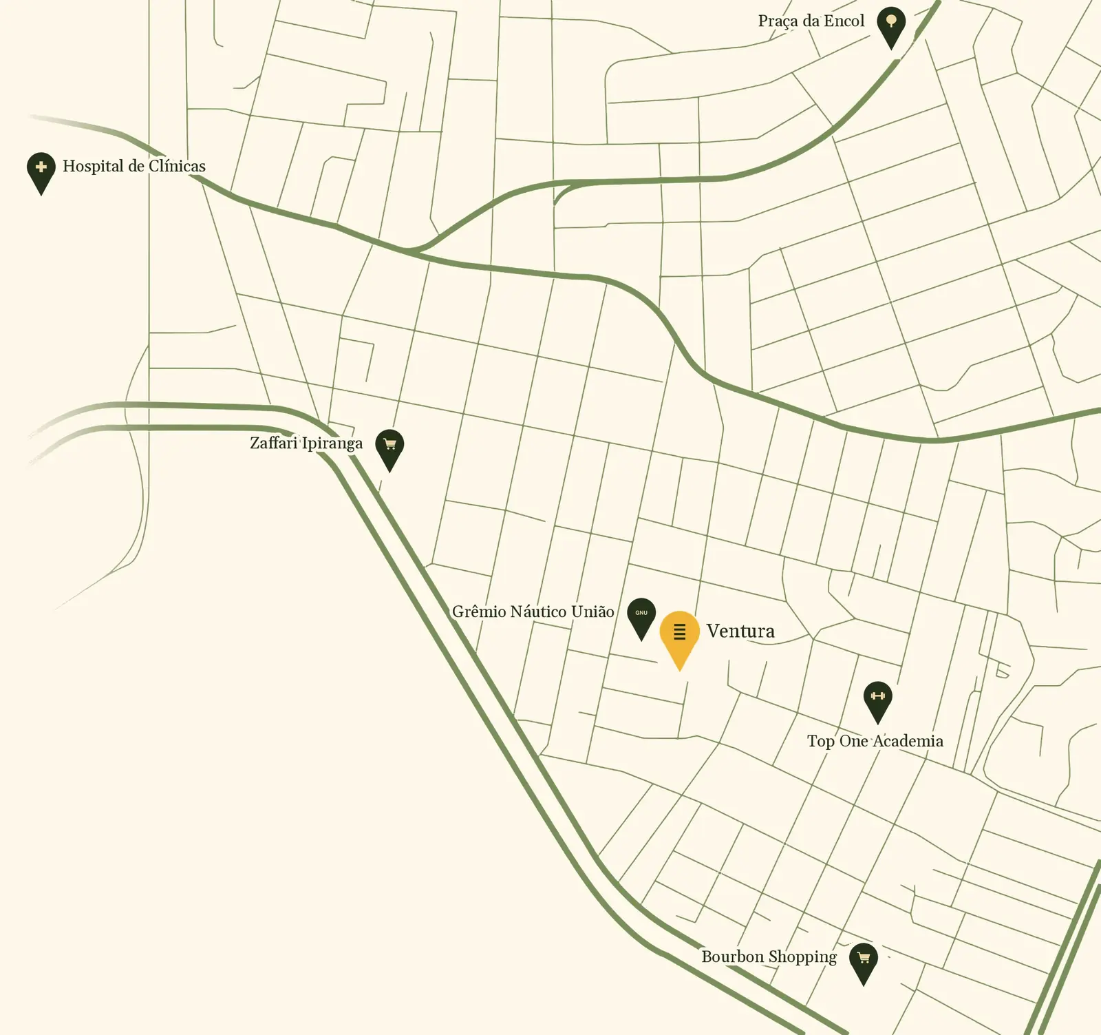 Mapa do entorno do Ventura com Grêmio Náutico União, Praça da Encol, Zaffari, Bourbon, Top One e Hospital de Clínicas
