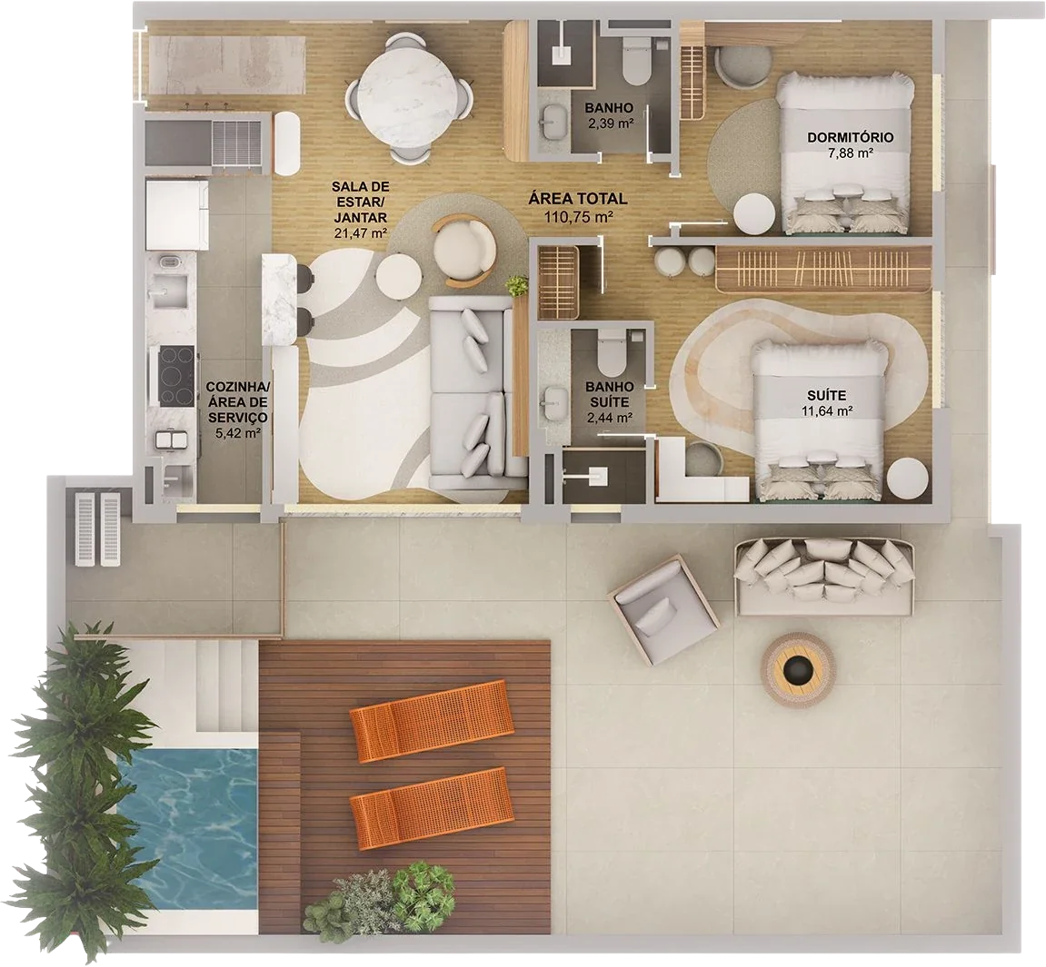 Planta humanizada da tipologia C, 115,20 m², com espaço garden